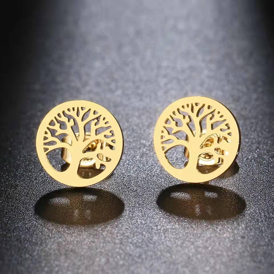 Women's Titanium Steel Tree of Life Dangle Earrings - 18K Gold, European & American Fashion Jewelry.