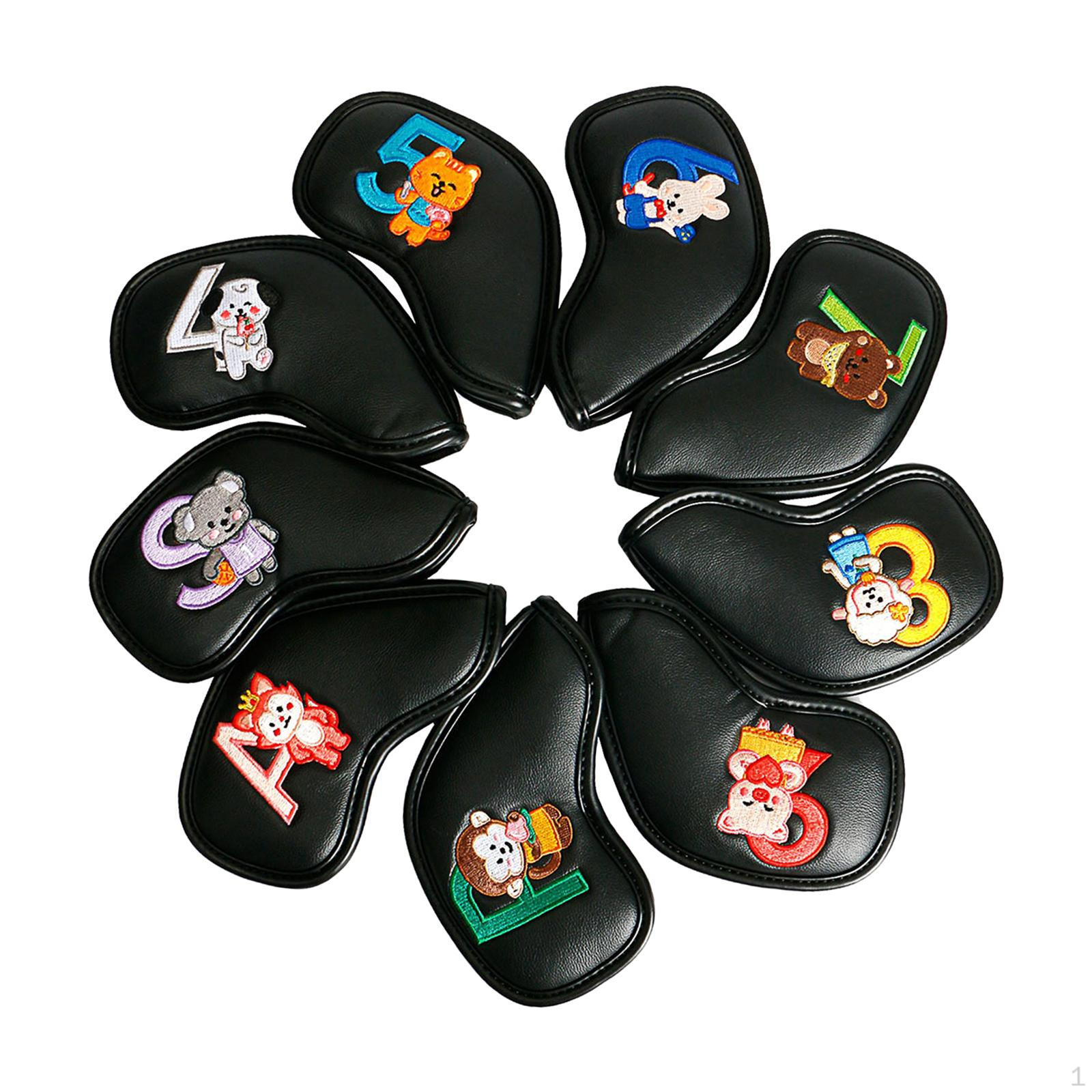 

9 Pieces Colorful Golf Iron Headcover Set, Club Head Cover Protection Equipment Cue Number Black