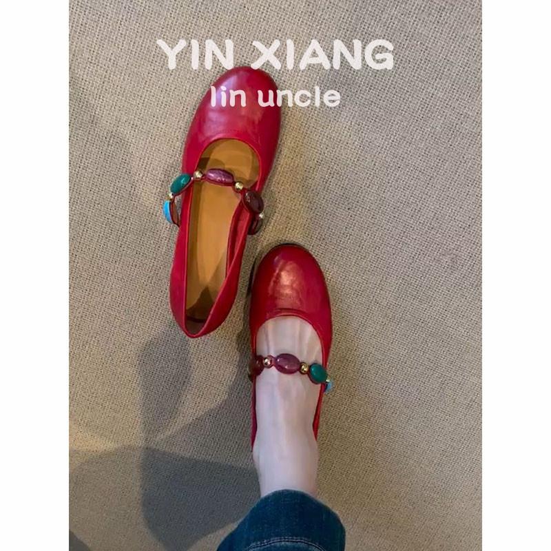 Sheepskin version~ Gem decorated high heels light mouth red shoes versatile retro leather Mary Jane shoes women's single shoes