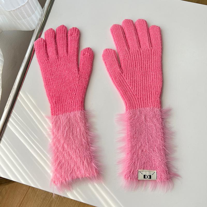Autumn and winter dopamine solid color warm five-finger gloves versatile knitted cute student girl sweet long cycling sleeves