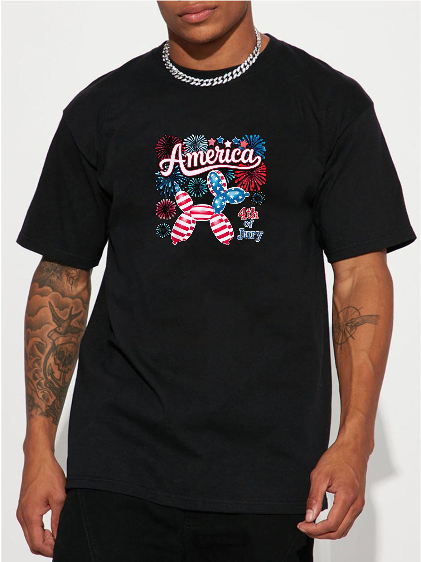 Patriotic Summer T-shirt - Casual Cotton Short Sleeve Round Neck Top with AMERICA Fireworks Graphic XXXL