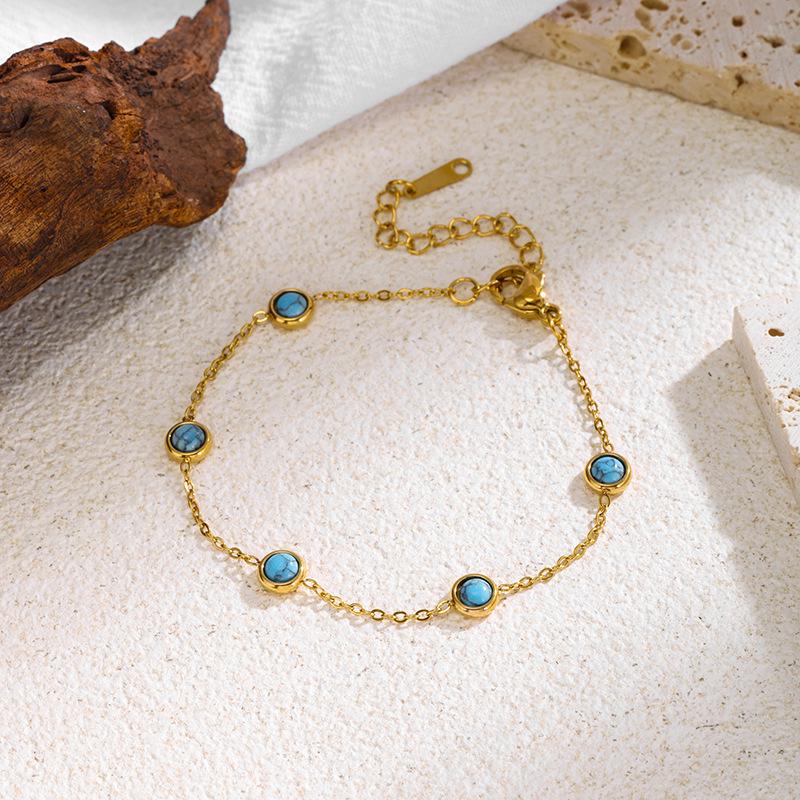 European & American Retro Turquoise Jewelry Set: Clavicle Chain, Round Stud Earrings, Bracelet, Necklace – Stainless Steel for Women
