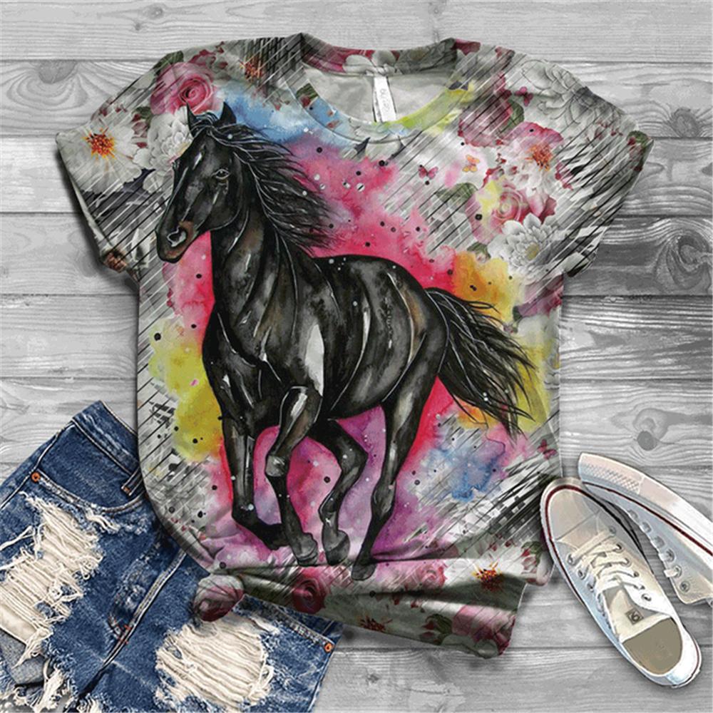 Women's T-shirt Short Sleeve Summer Everyday Animation Horse Digital 3D Print Sexy Diagonal Collar Top Loose Female Pullover