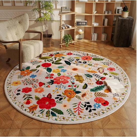 Persian Floral Ethnic Style Round Faux Cashmere Carpet for Living Room, Dirt and Wear Resistant Floor Mat