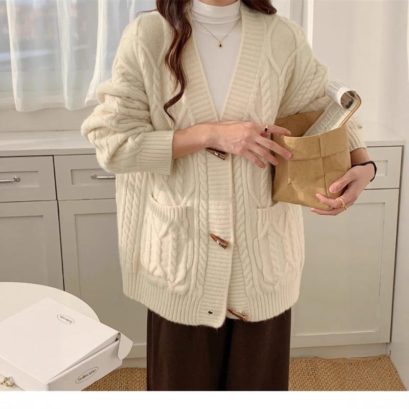 Retro horn button sweater jacket for women's autumn and winter new loose and lazy style versatile casual twist knitted cardigan for women