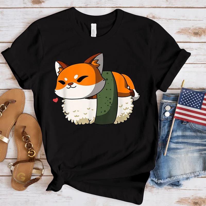 Harajuku T-shirts Sushi Fox Print Funny Cartoon T Shirt Women Ullzang Fashion T-shirt 90s Kawaii Tshirt Graphic Top Tees Female
