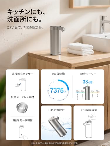 SUNLY Automatic Soap Dispenser, Compatible with Liquid Detergent and Dishwashing Detergent, 3-Level Dispensing, High-Sensitivity Sensor, Quiet Design,