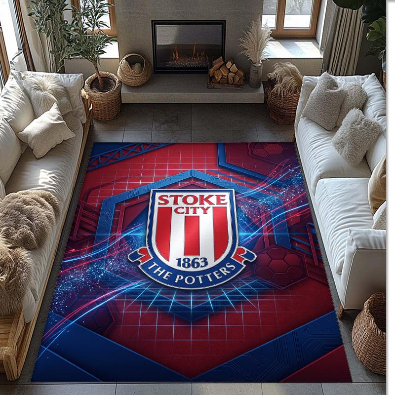 Stoke City Football Print Crystal Velvet Rug, Comfortable Water Absorbent Non Slip Indoor Floor Carpet