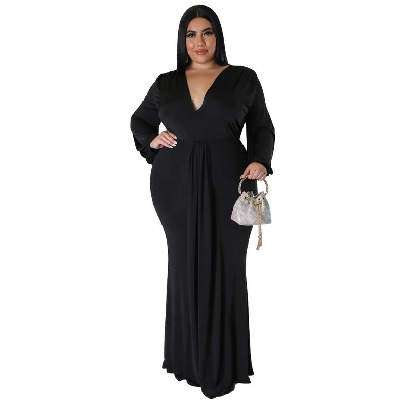 Plus Size Black Deep V Neck Long Sleeve Ruched Bodycon Maxi Dress L чёрный