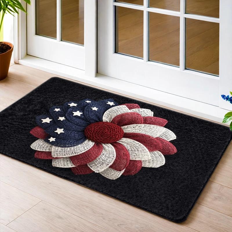 1pc American Flag Floral Suitable for Living Room, Bedroom, Kitchen Rug with Non-Slip Rubber Backing, Indoor/Outdoor Entry Door Mat for Porch