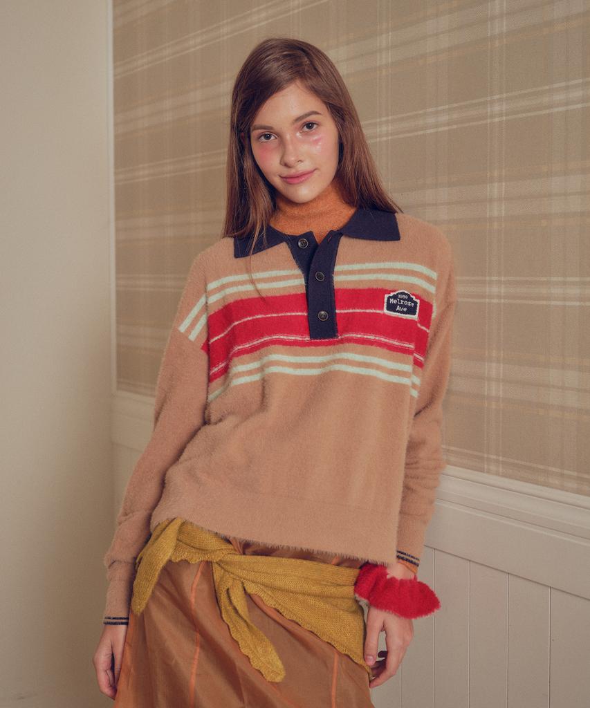 MELLY&ROSE Fluffy Stripe Polo Knit (310255)_Beige