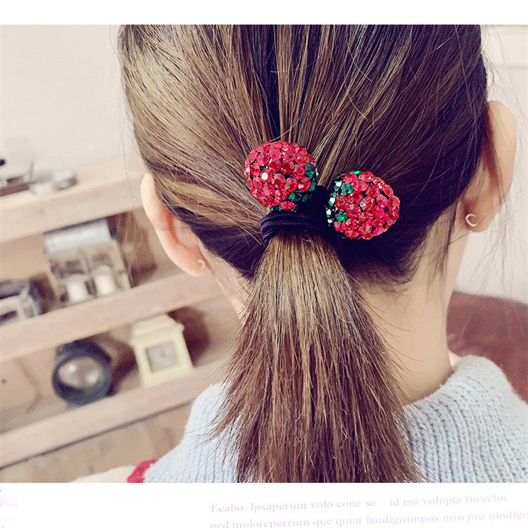 Rhinestone Strawberry Double Strand Elastic Hair Tie - Cute Fruit Hair Accessory