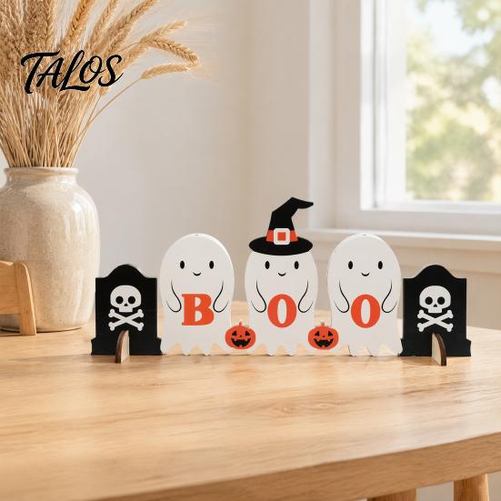 Halloween Table Decorations Cute Ghost Wooden Decor, BOO Pumpkin Witch Tabletop Ornament Spooky Season Signs for Desk Shelf, Soft Home Decoration,