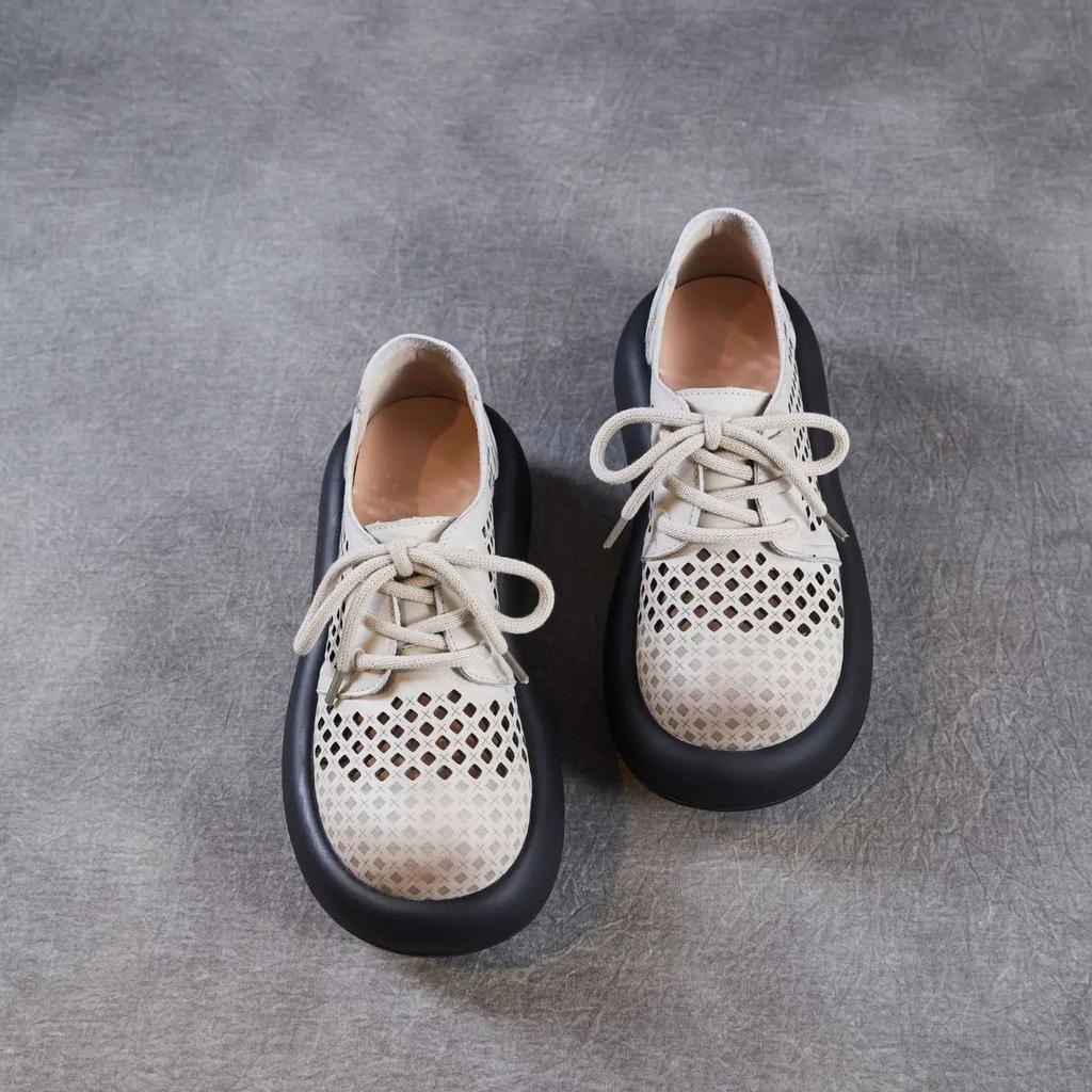 Johnature Hollow Out Thick Soled Shoes Genuine Leather Breathable Lace-up Women's Platform Sandals