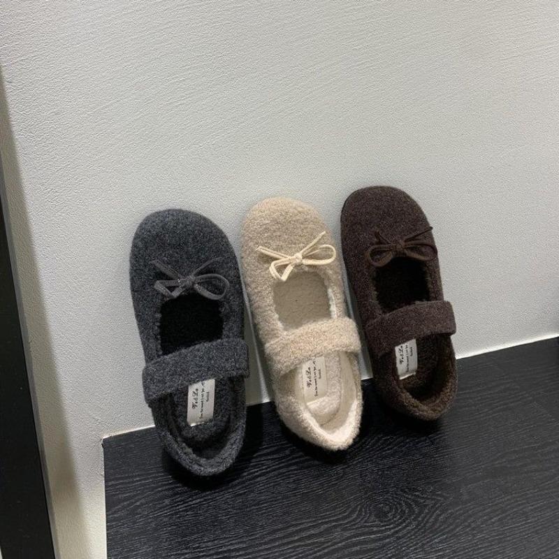Fashion Design Elegant Plush Loafers Women's Shearling Ballet Flats Strap Warm Rabbit Fur Lined Crystal Buckle Mary Jane Flat Shoes