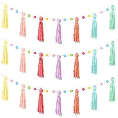 Colorful Boho Tassel Garland Rainbow Pom Pom Each 50'' Colorful Classroom Decoration Boho Banner for Kid Nursery Wall Decor Baby Shower Back To