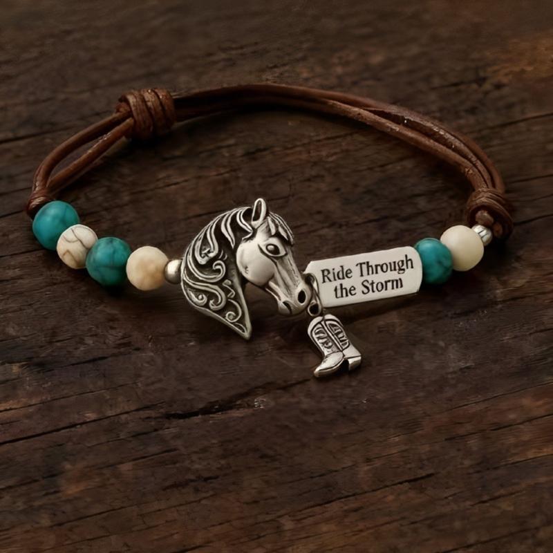 Adjustable Rope Bracelet With Turquoise Beads And Horse Pendant Handchain Jewelry For Casual Or Festival Wear