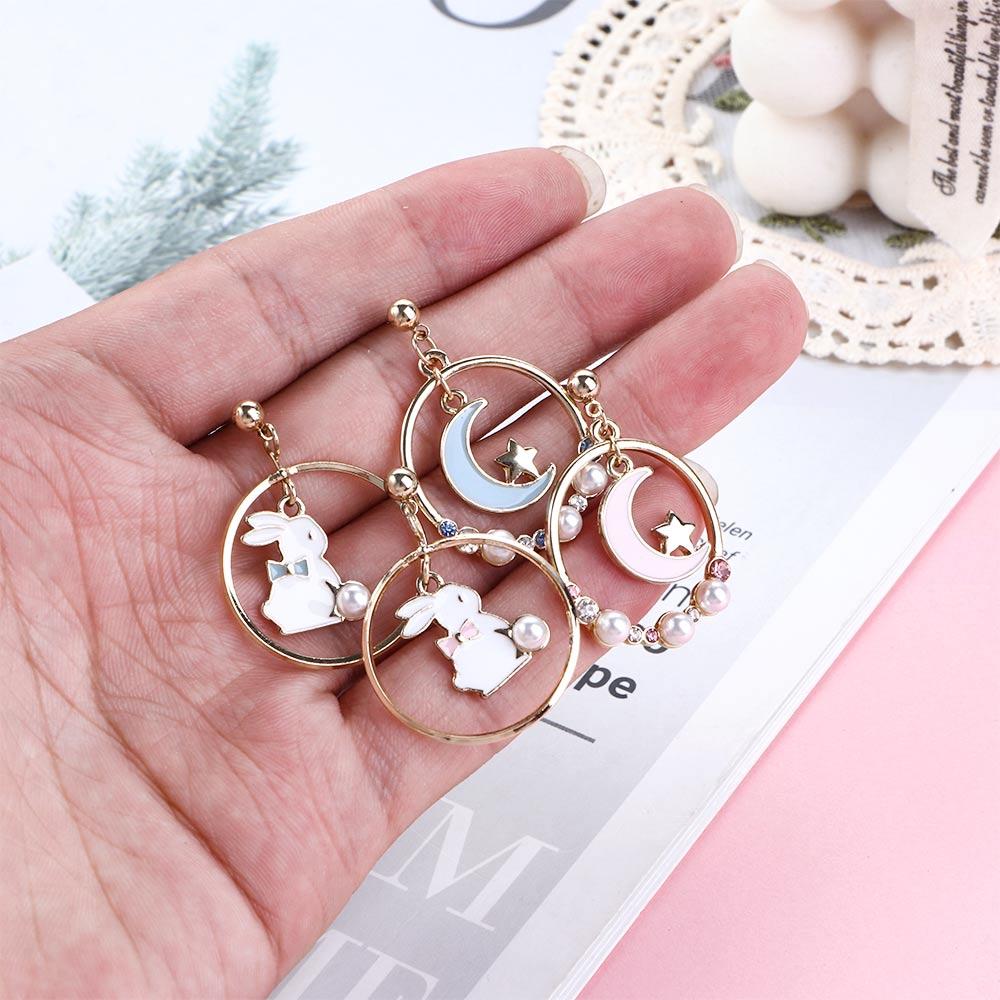 Personality Ins Pink Girl Moon Rabbit Drop Earrings Anti Allergy Enamel Asymmetric Earrings
