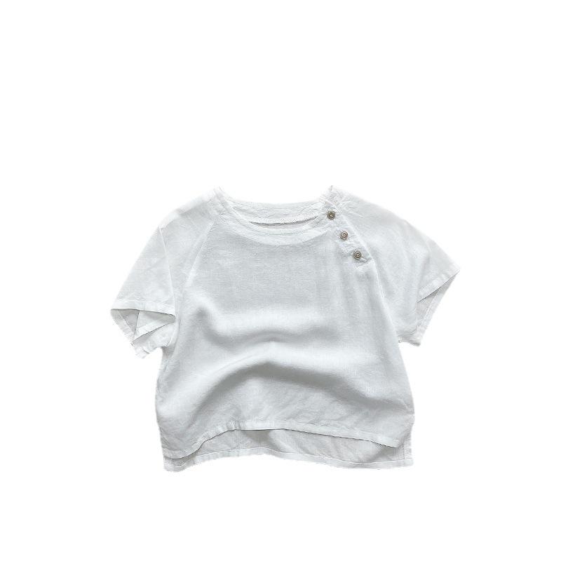 Children's Summer 2025 Cotton Linen Blouse - Korean & Japanese Style Short Sleeve T-shirt for Boys and Girls