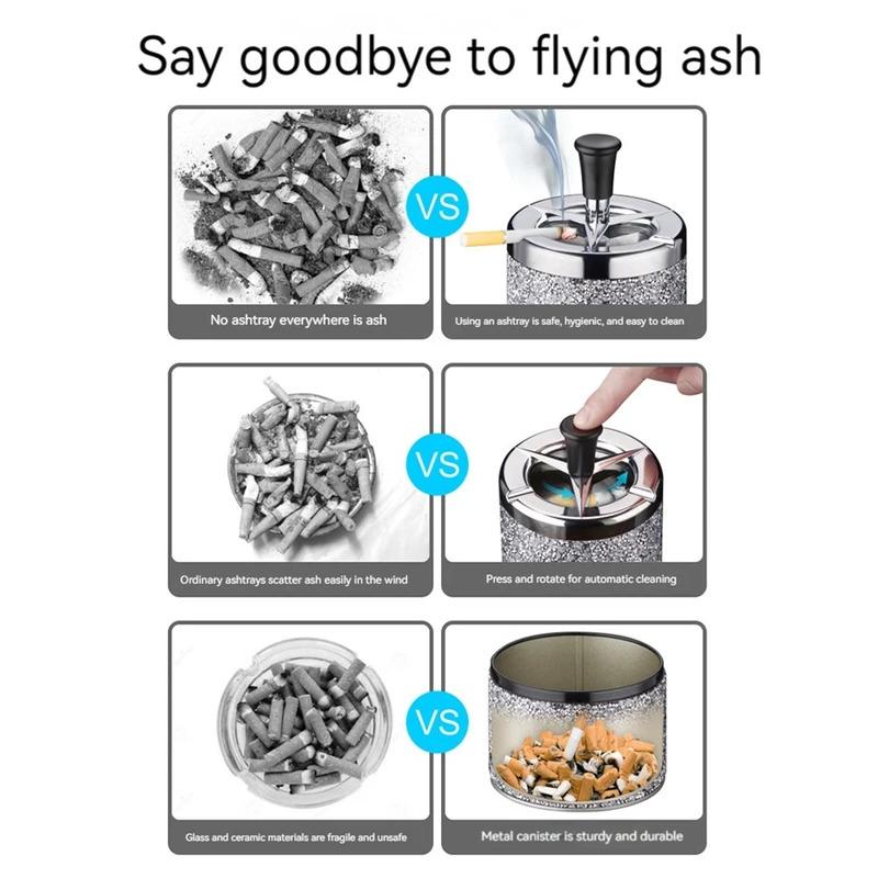 Push Down Ashtray with Lid Spinning Ashtray Windproof Self-Cleaning Ashtray Metal Desktop Ashtray for Cigarette Smoking
