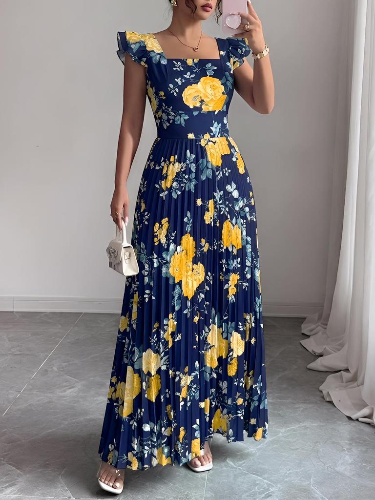 Women's Rose Print Flutter Sleeve Cinched Waist Dress, Casual Spring/Summer Wear