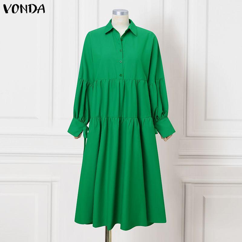 

VONDA Women Casual Turn-down Collar Long Sleeve Solid Loose Long Pleated Dress 2XL зелёный