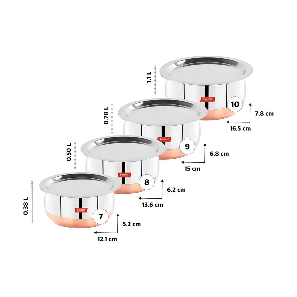 Stainless Steel Copper Bottom Belly Shape 4 Pc Tope/Cookware/Pot Set with Lid 380ML, 500ML, 780ML, 1.1Ltr, (Silver)