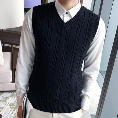 Automne et Hiver Gilet en Laine pour Homme Col en V Sans Manches Pull Gilet Épaissi Torsadé Couleur Unie Tricot Gilet Tendance