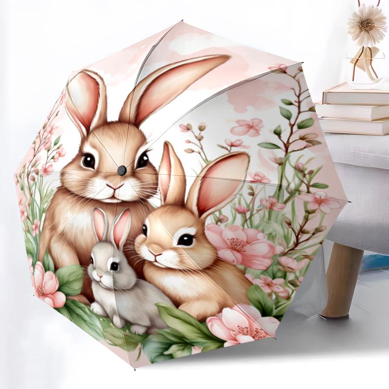 1pc Sturdy 8-Bone Auto Umbrella, Christmas Likable Bunny Umbrella, Digital Printed, Foldable Umbrella for On-the-Go Outdoor Use