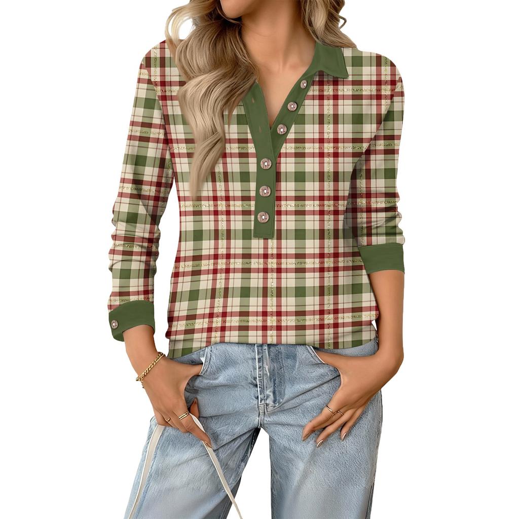 Women's Retro Street Lazy V,neck Long Sleeve Button Plaid Print Pullover Top