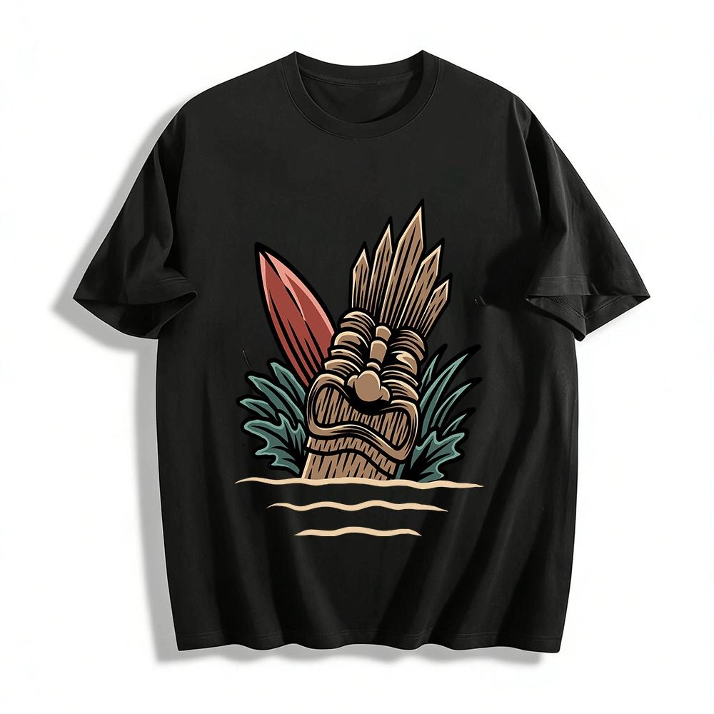 Hawaiian Totem Surf Print Retro Casual Short Sleeve T-Shirt Pure cotton T-shirt XXS