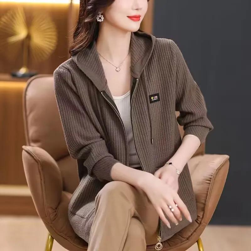 Loose Plus Size Spring and Autumn Hooded Knitted Cardigan Women's Zipper Hooded Sweater Jacket Top