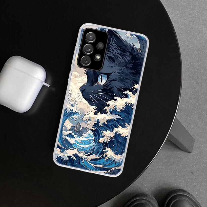 Anime Cat Sea Wave Aesthetic Phone Case for Samsung Galaxy A17 A16 A26 A36 A56 A57 A37 A15 A25 A35 A55 A14 A24 A34 A54 A13 A23 A