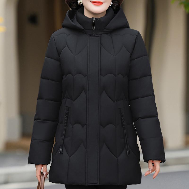 

Большие размеры XL-6XL Женские пальто среднего возраста Зимние парки с капюшоном Элегантные свободные толстые теплые верхние одежды Женские куртки 2XL чёрный