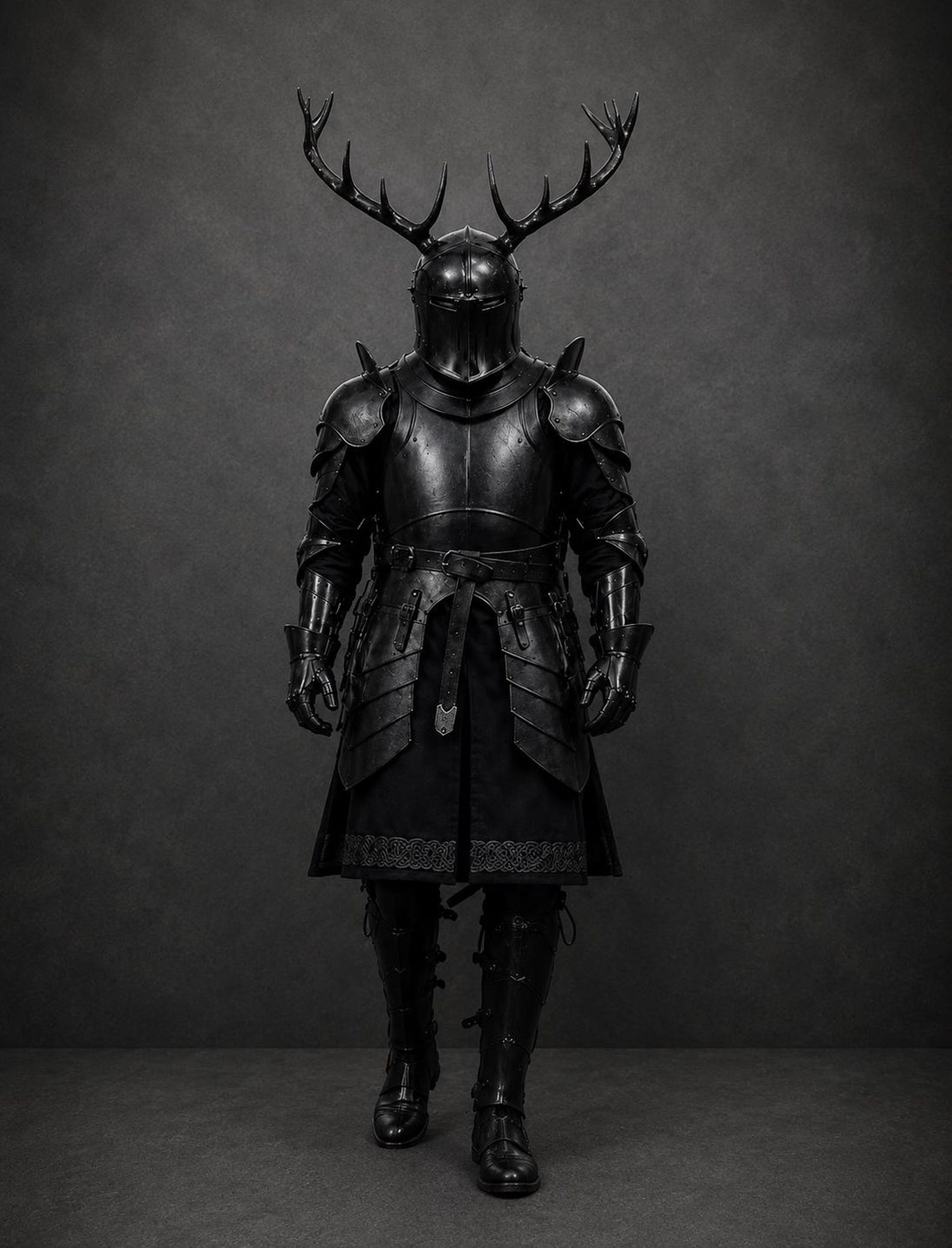 Blackened Barbuta Knight Armor Outfit, Full Body Steel Armor Suit with Horn Helmet for LARP Cosplay