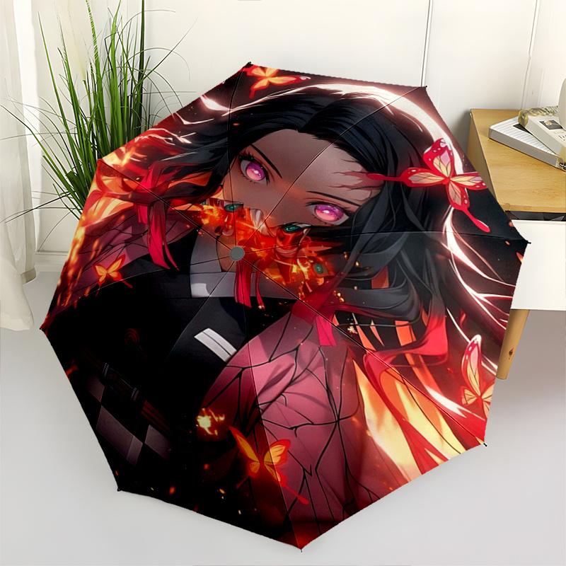 1pc Flaming Butterflies Kamado Nezuko Automatic 3-Fold Cartoon Umbrella Design, Cute Cartoon Pattern, Portable Outdoor Umbrella, Perfect, Holiday Gift