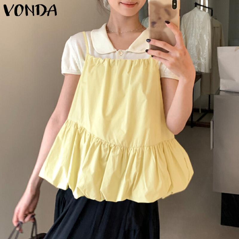 VONDA Women Strap Sleeveless Ruffled Casual Pleated Tank Tops