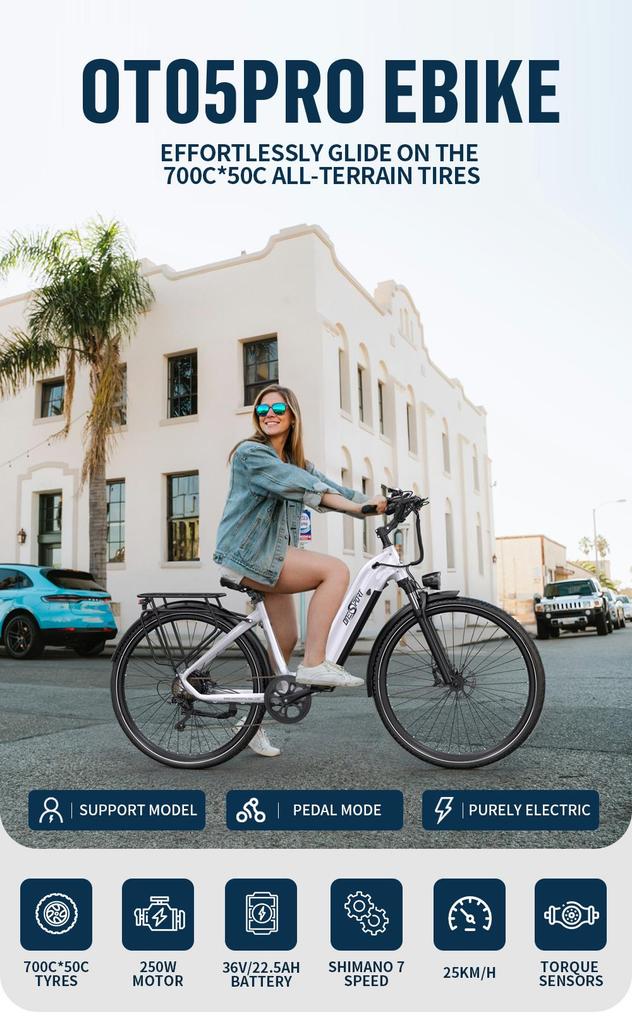ONESPORT OT05 Pro Electric Bike 250W Motor 36V 22.5Ah Battery 700*50C Tires 25km/h Max Speed 140km Max Range Torque Sensor