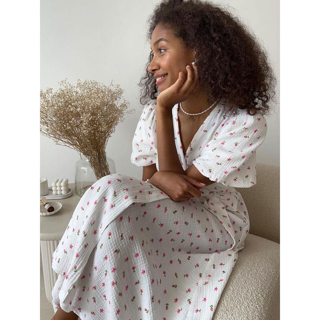 Casual Women's Summer Dresses Cotton Floral Print A-line Midi Dress with Side Slits Long Elegant White Dress for Women