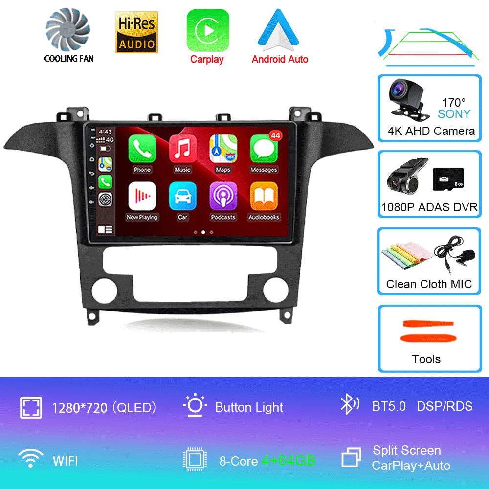 Android14 Video Player Carplay Auto For Ford S Max S-MAX 2007 2008 2009 2010 2011 - 2015 Multimedia Car Radio WIFI+4G DSP Stereo