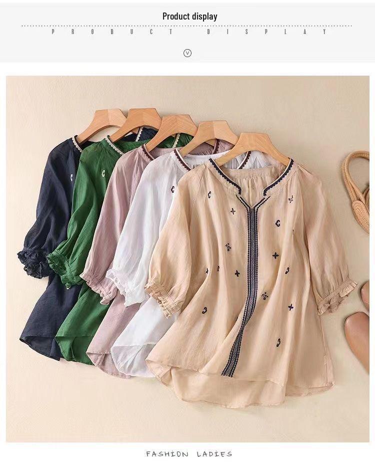 Cămașă Retro din Bumbac-In cu Mâneci Medii și Gât în V Brodată - Casuală, Slim și care Reduce Vârsta