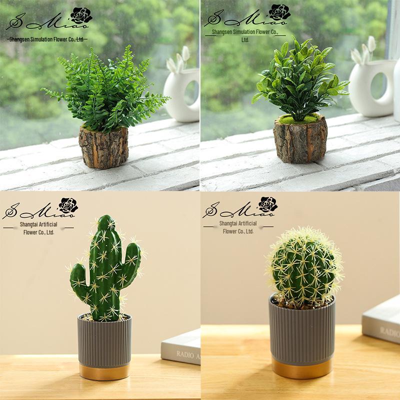 Creative Wooden Basin with Artificial Green Plant Bonsai Ornament for Display and Decoration.