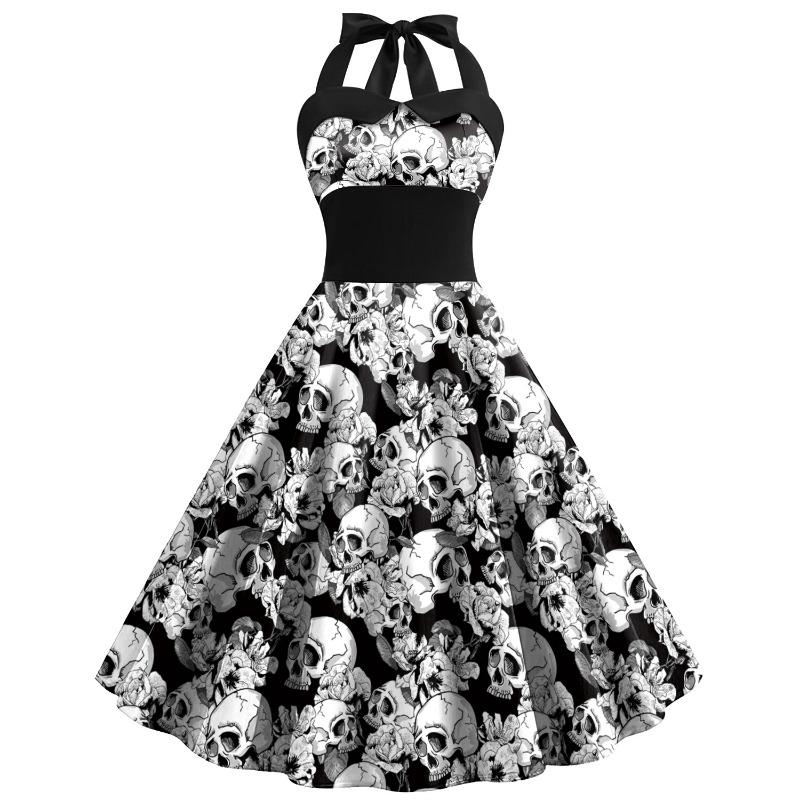 Summer New Halloween Dress Skull Cobweb Printing Costume Women's Strap High Waist Dress Children