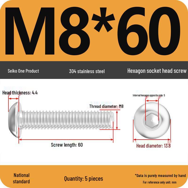 304 Stainless Steel Pan, Half, and Round Head Hexagon Screws (M2-M12)