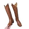 Vintage Square Heel Western Cowboy Boots Women's V-Mouth Embroidered Knight Boots Side Zipper Boots
