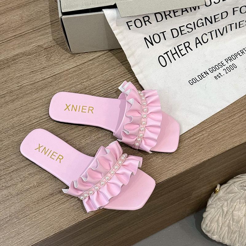Women Slippers Flats Bead Sandals Square Toe Shoes Summer New 2025 Trend Open Toe Dress Casual Flip Flops Woman Beach Slides