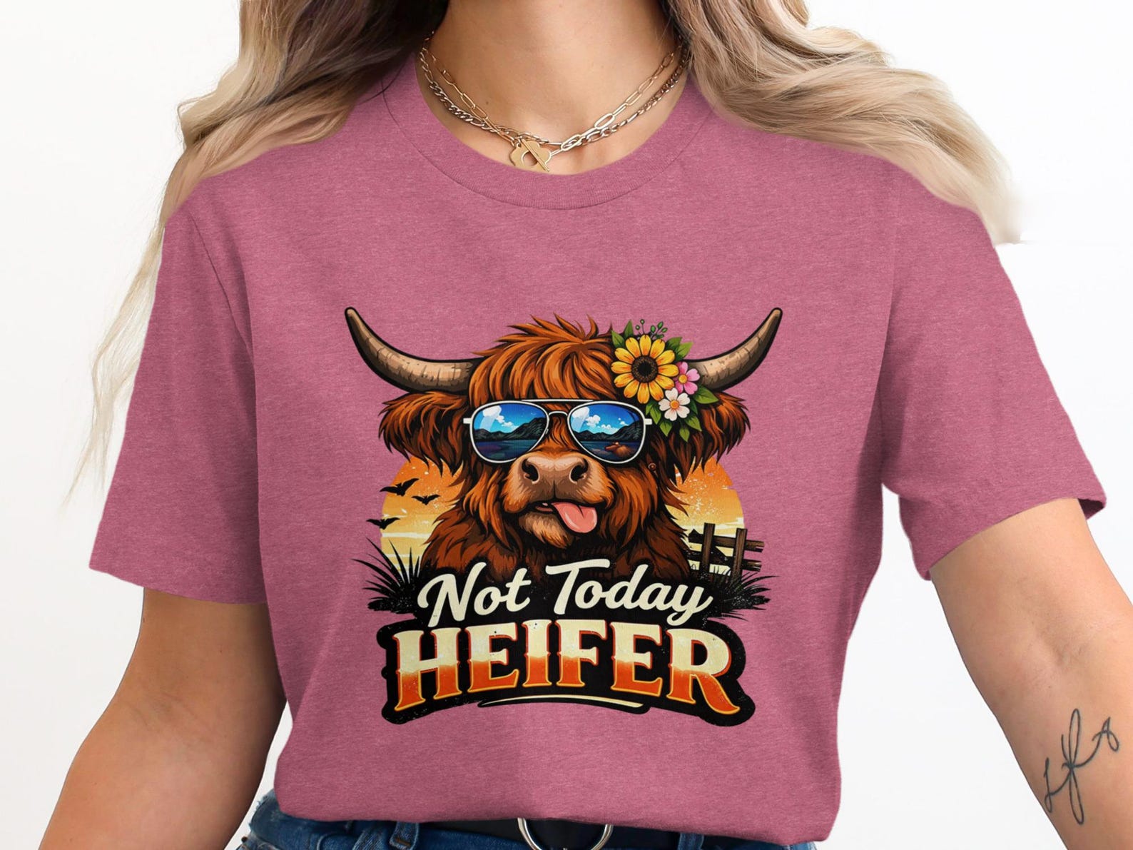Sassy Highland Cow T-Shirt, Retro Sunglasses Floral Heifer Tee S