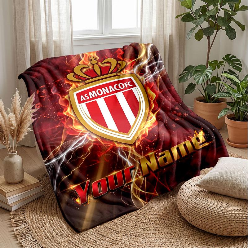 Monaco FC Custom Name Text Flannel Blanket Soccer Logo Personalized Fleece Throw Blanket Special Gift For Sofa Bedroom Home
