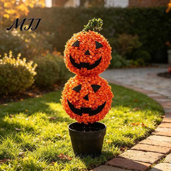 Outdoor Fall Yard Decorations Artificial Pumpkin Topiary Tree, Halloween Face Faux Boxwood Plants with Stake, Decorative Orange Autumn