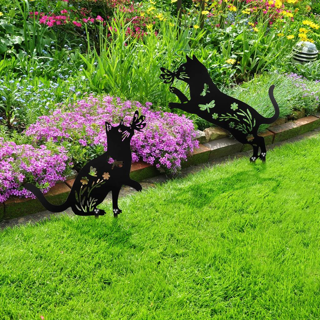 Metal Chicken or Cat Silhouette Garden Decor Iron Metal Statues Stakes Black Matte Finish Hollow out Lawn Silhouette for Outdoor